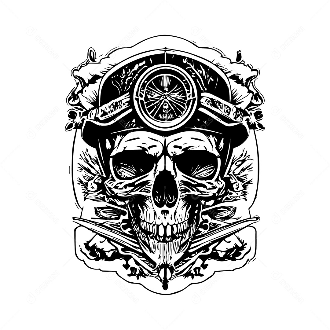 Ilustração De Arte De Design De Camiseta Gravação De Caveira Piloto Preto e Branco Vetor EPS