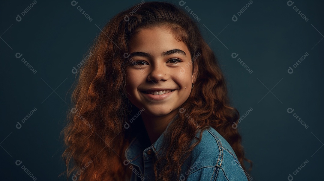 Uma jovem alegre com cabelos longos em um suéter sorri brilhantemente, olhando diretamente para a câmera neste retrato tirado em azul.
