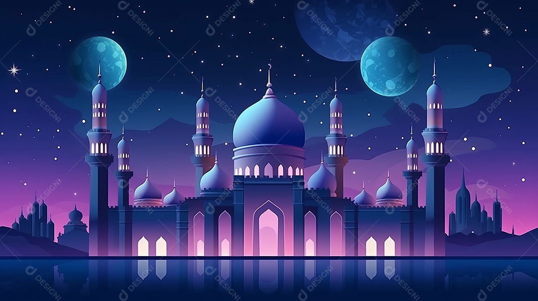 Mesquita bonita de fundo islâmico e vista do céu noturno.