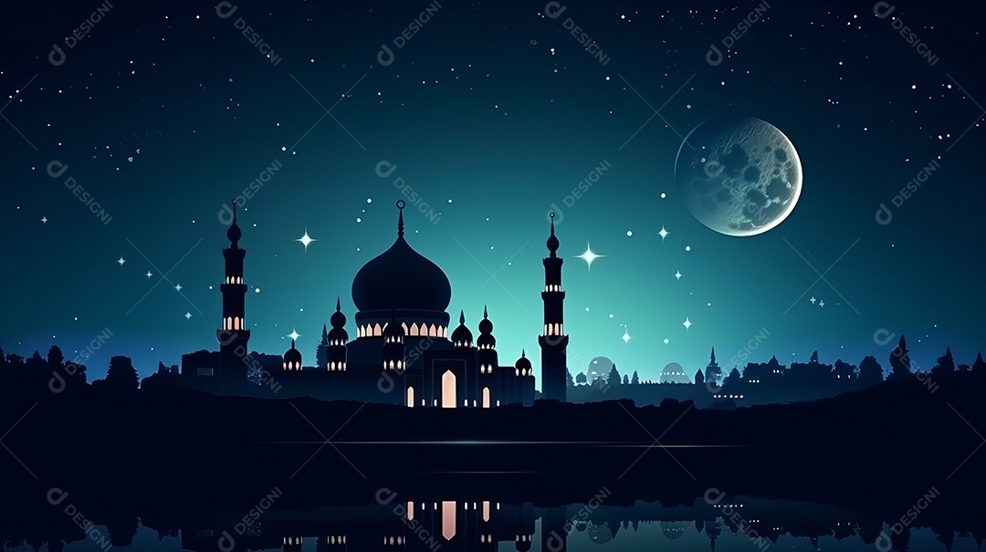 Mesquita bonita de fundo islâmico e vista do céu noturno.