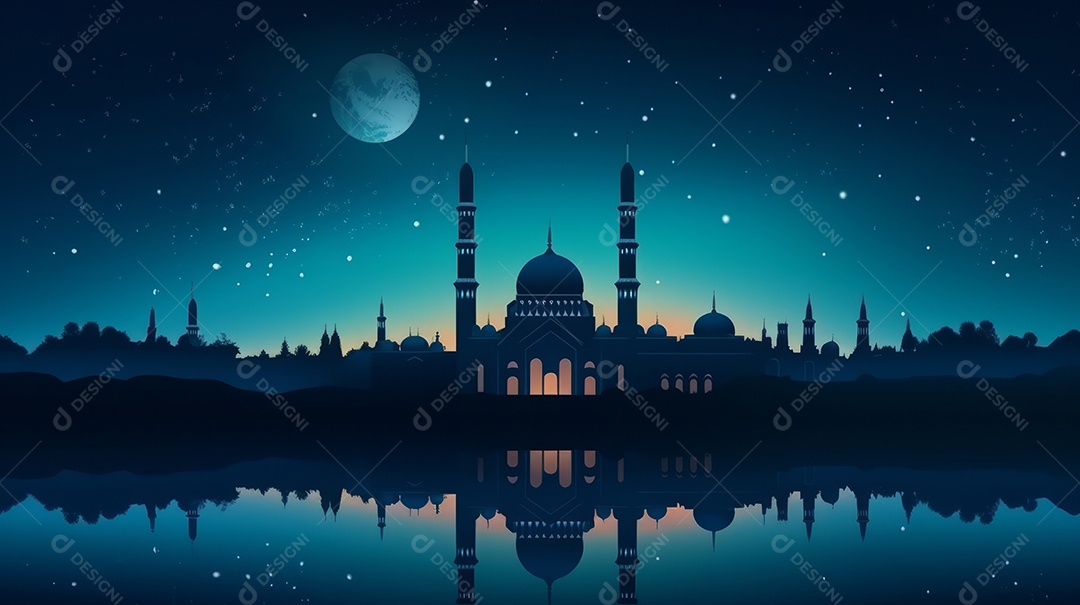 Mesquita bonita de fundo islâmico e vista do céu noturno Generative AI.