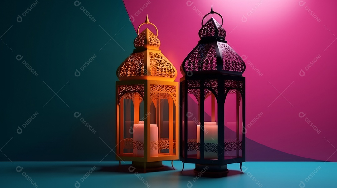 Lanterna islâmica com fundo colorido para o ramadã e adha Eid al Adha a Festa do Sacrifício.
