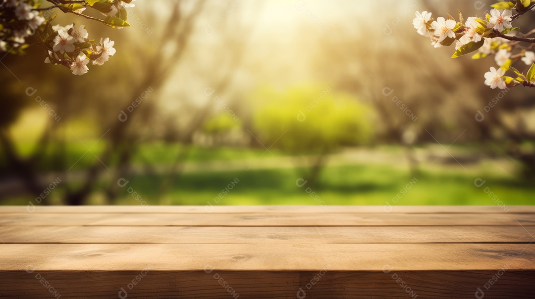 Mesa de madeira vazia fundo desfocado.