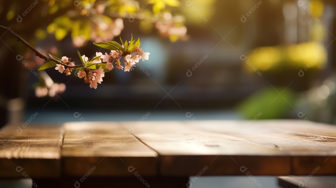Mesa de madeira vazia fundo desfocado.