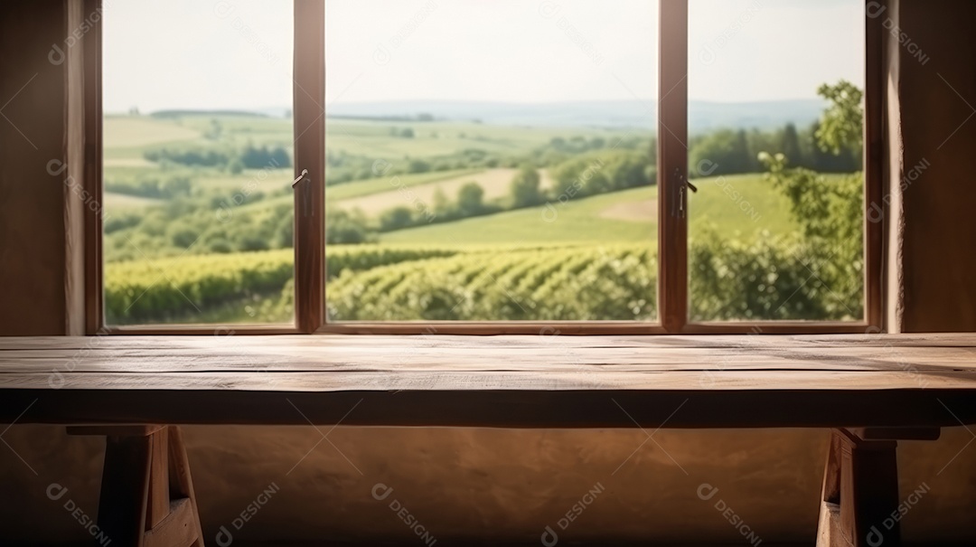 Mesa de madeira vazia fundo desfocado.