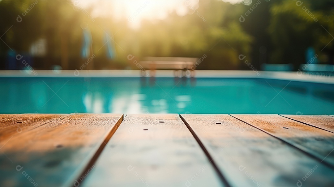 Mesa de madeira vazia fundo desfocado.