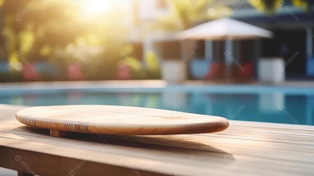 Mesa de madeira vazia fundo desfocado.