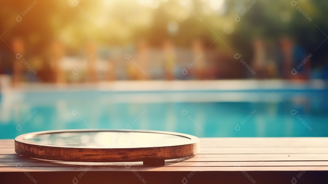 Mesa de madeira vazia fundo desfocado.