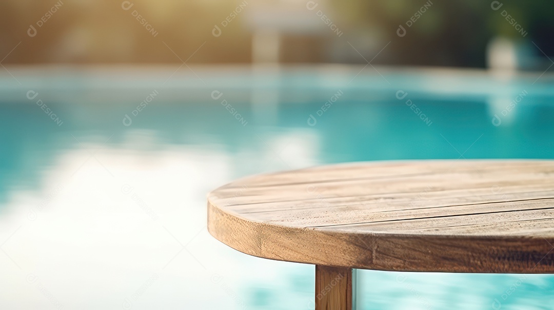 Mesa de madeira vazia fundo desfocado.