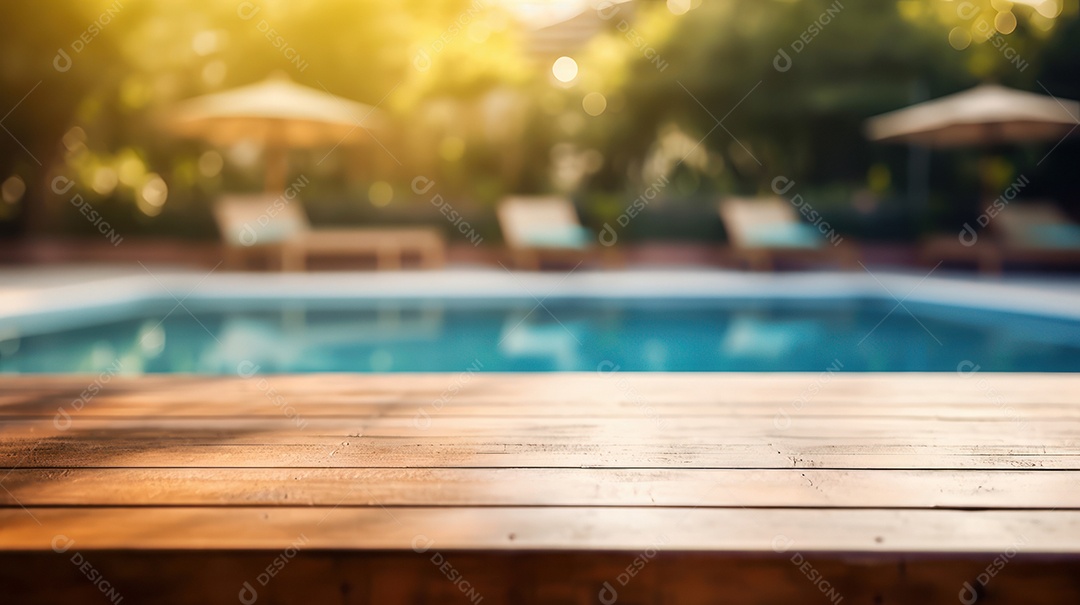 Mesa de madeira vazia fundo desfocado.