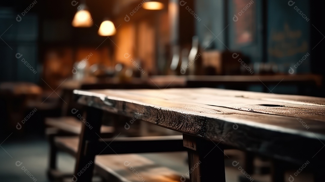 Mesa de madeira vazia fundo desfocado.