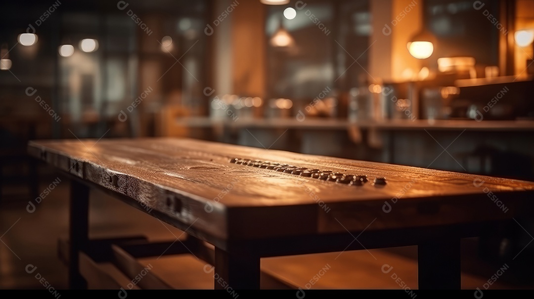 Mesa de madeira vazia fundo desfocado.