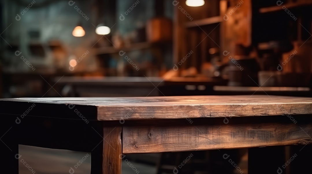 Mesa de madeira vazia fundo desfocado.