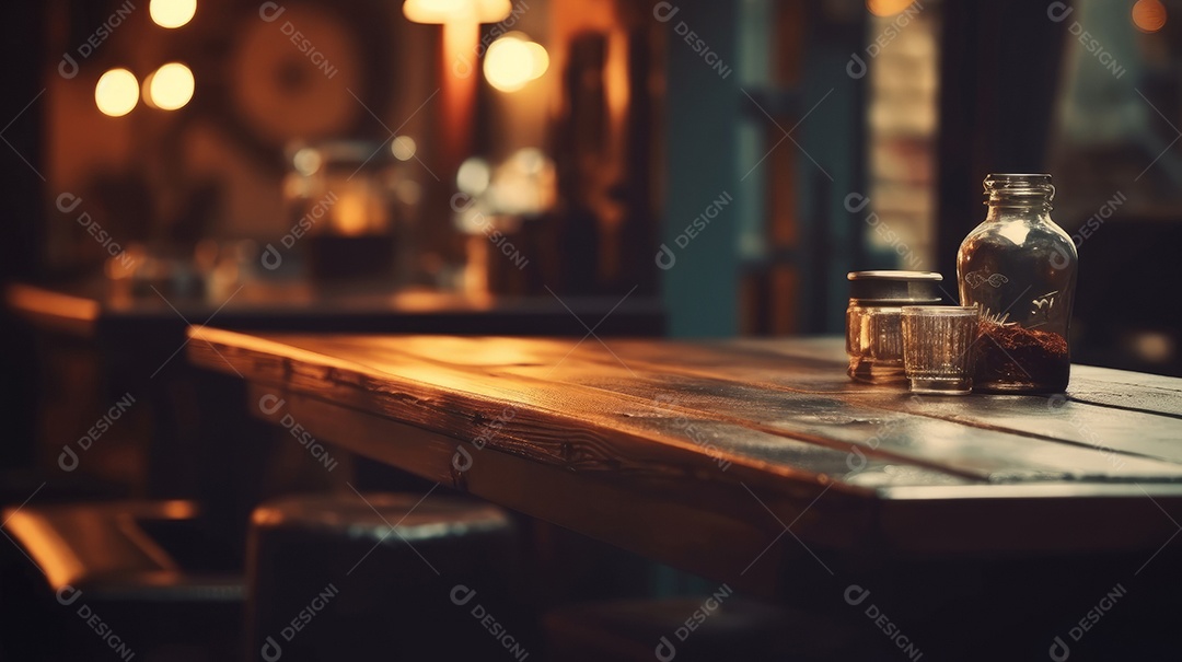 Mesa de madeira vazia fundo desfocado.