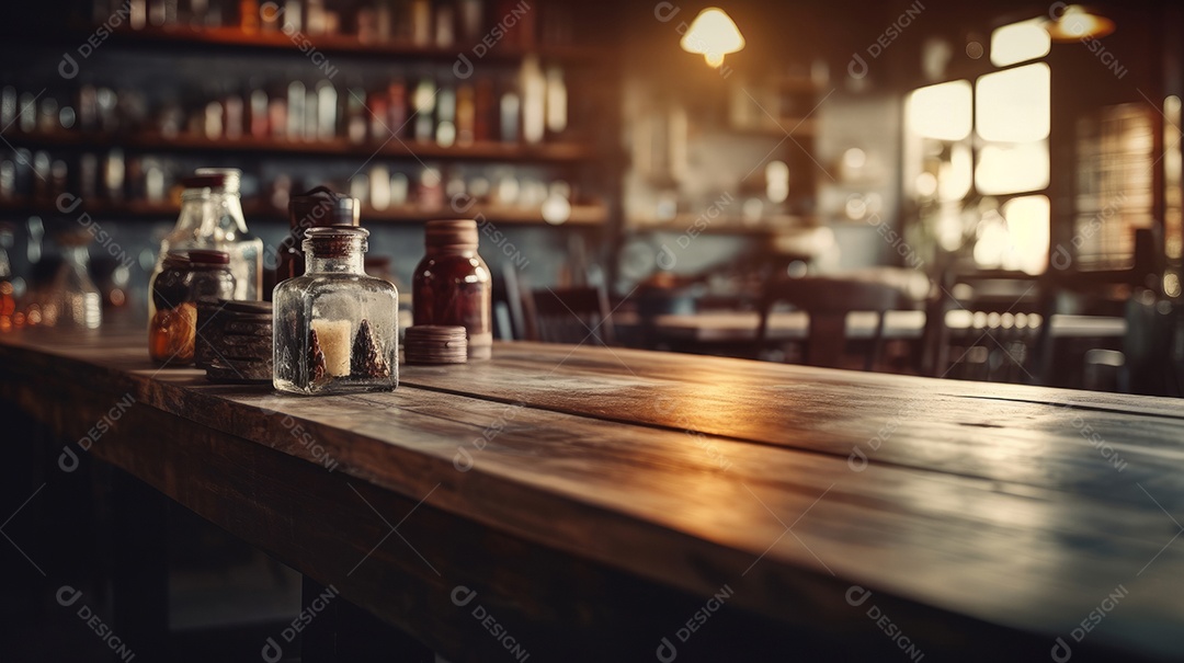 Mesa de madeira vazia fundo desfocado.