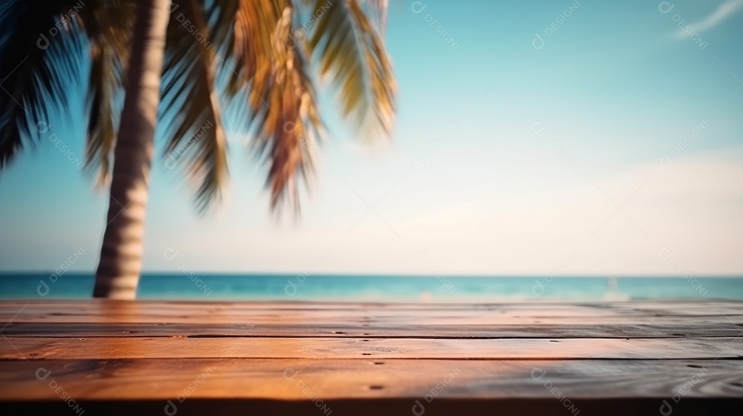 Mesa de madeira vazia fundo desfocado.