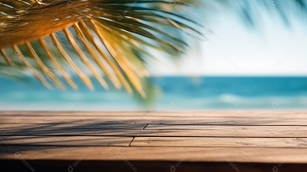 Mesa de madeira vazia fundo desfocado.