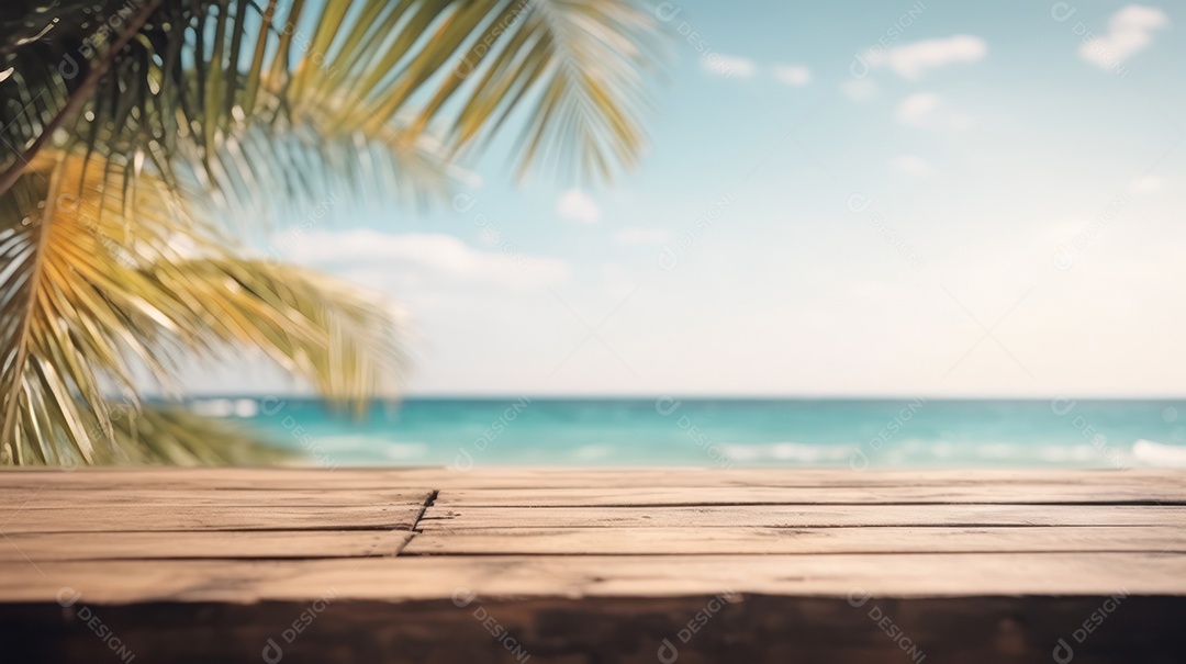 Mesa de madeira vazia fundo desfocado.