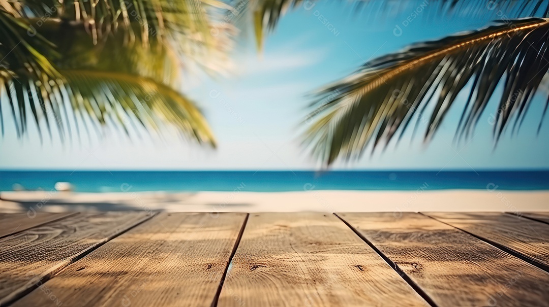 Mesa de madeira vazia fundo desfocado.