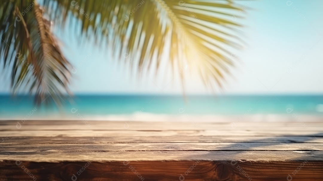 Mesa de madeira vazia fundo desfocado.