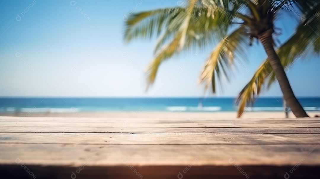 Mesa de madeira vazia fundo desfocado.