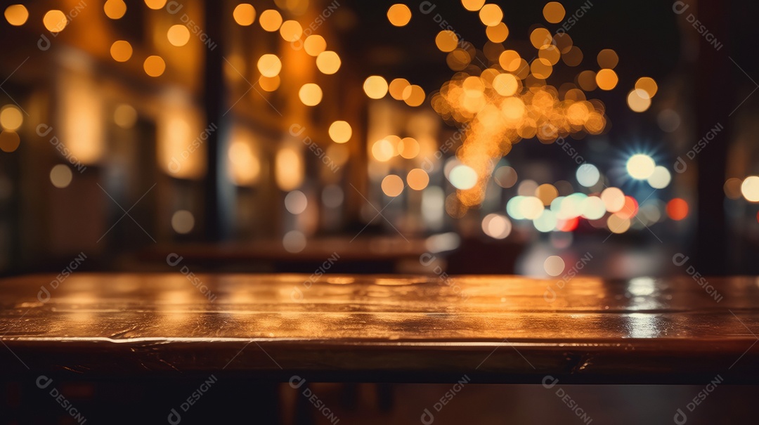Mesa de madeira vazia fundo desfocado.
