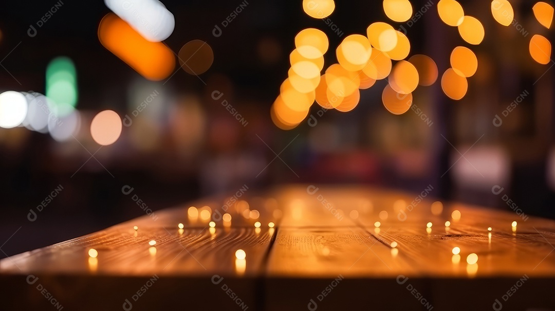 Mesa de madeira vazia fundo desfocado.