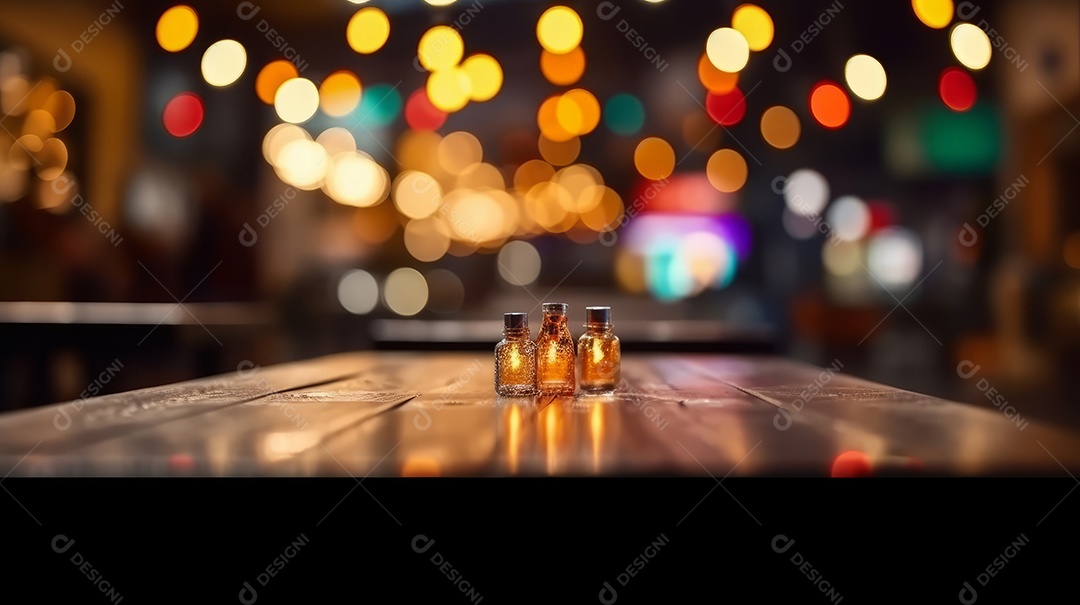 Mesa de madeira vazia fundo desfocado.