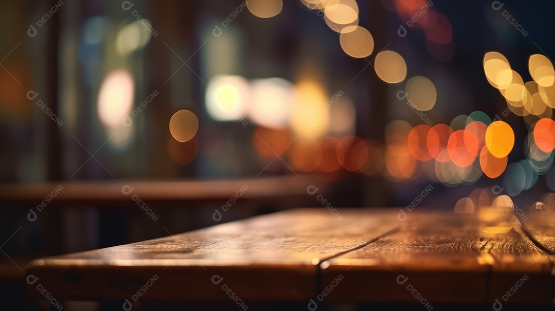 Mesa de madeira vazia fundo desfocado.