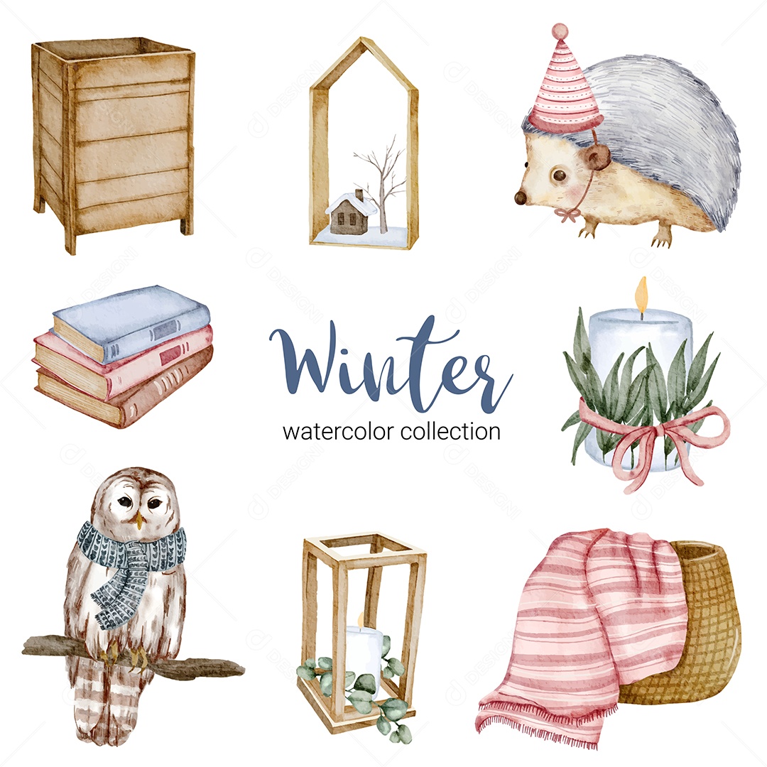 Desenho De Coleção De Aquarela De Inverno Ilustração Vetorial EPS