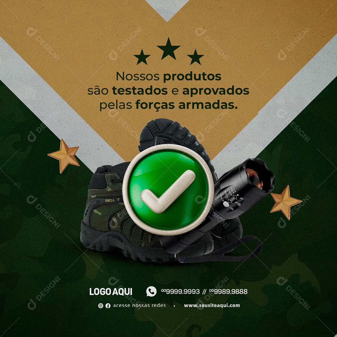 Social Media Nossos Produtos São Testados e Aprovados Acessórios Militares Social Media PSD Editável