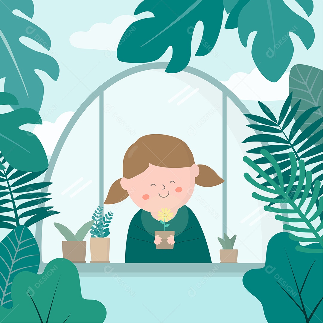 Desenho Vetorial De Menina Adorável No Jardim Vetor EPS