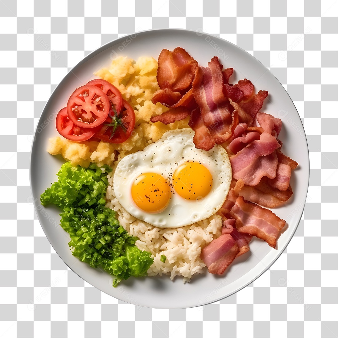 Prato De Comida Arroz Bacon E Salada PNG Transparente