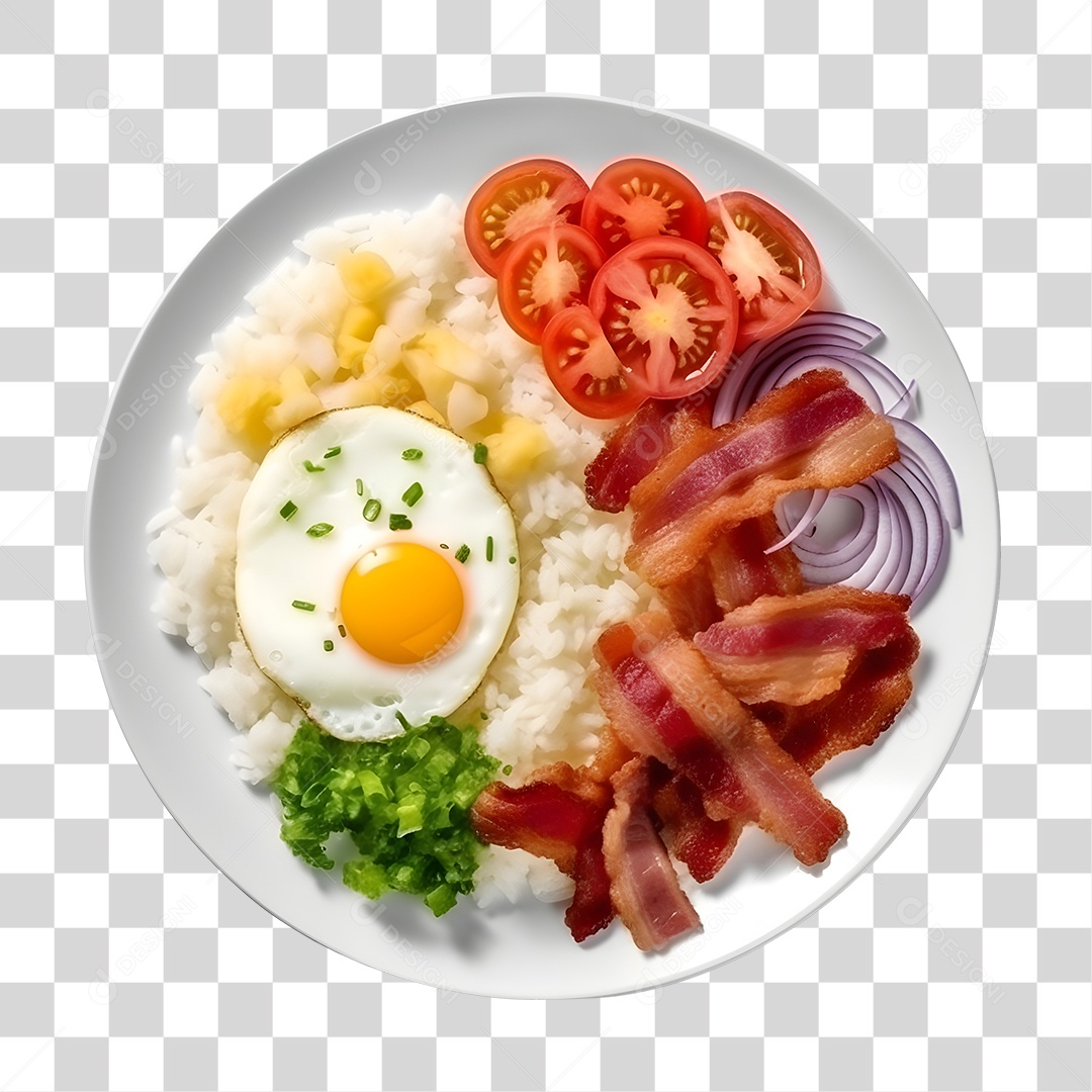 Prato De Comida Arroz Bacon E Salada PNG Transparente