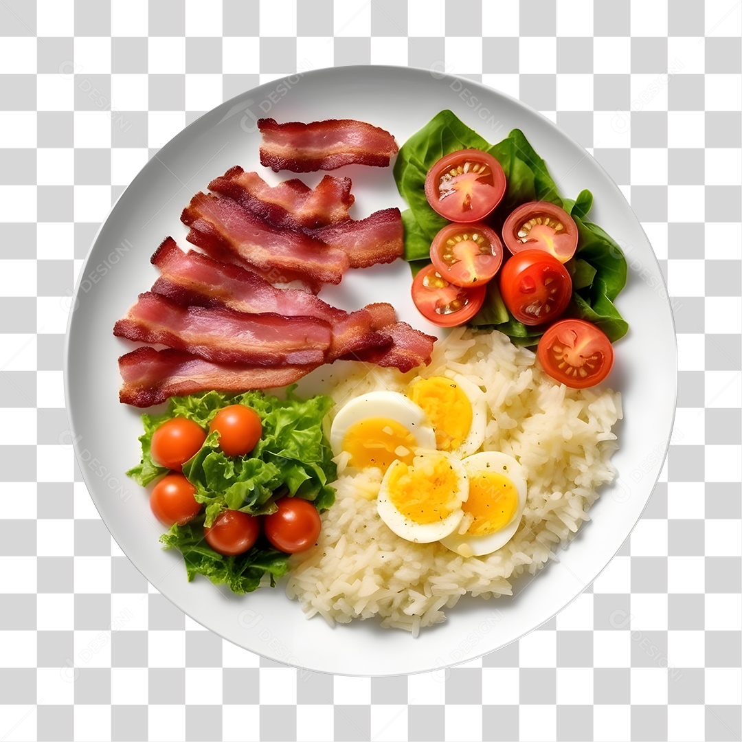 Prato De Comida Arroz Bacon E Salada PNG Transparente