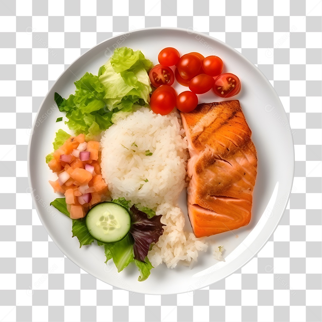 Prato De Comida Arroz Peixe E Salada PNG Transparente