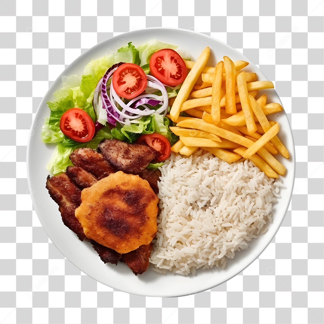 Prato De Comida Arroz Carne Com Batata Frita E Salada PNG Transparente