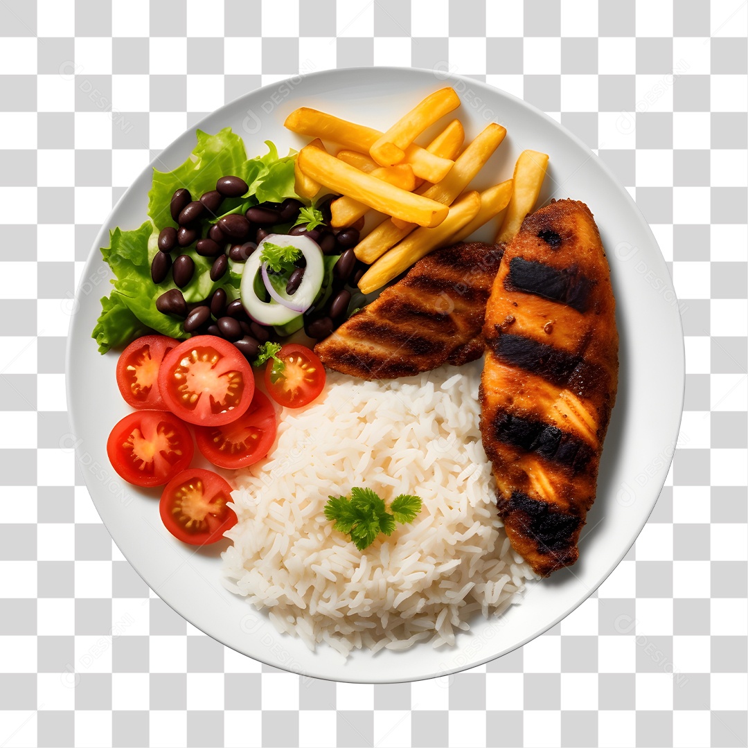 Prato De Comida Arroz Carne Com Batata Frita E Salada PNG Transparente