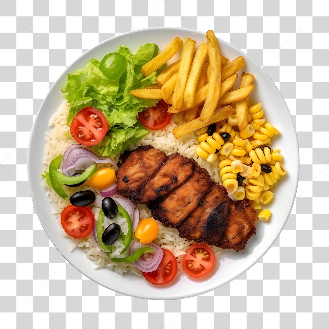 Prato De Comida Arroz Carne Com Batata Frita E Salada PNG Transparente