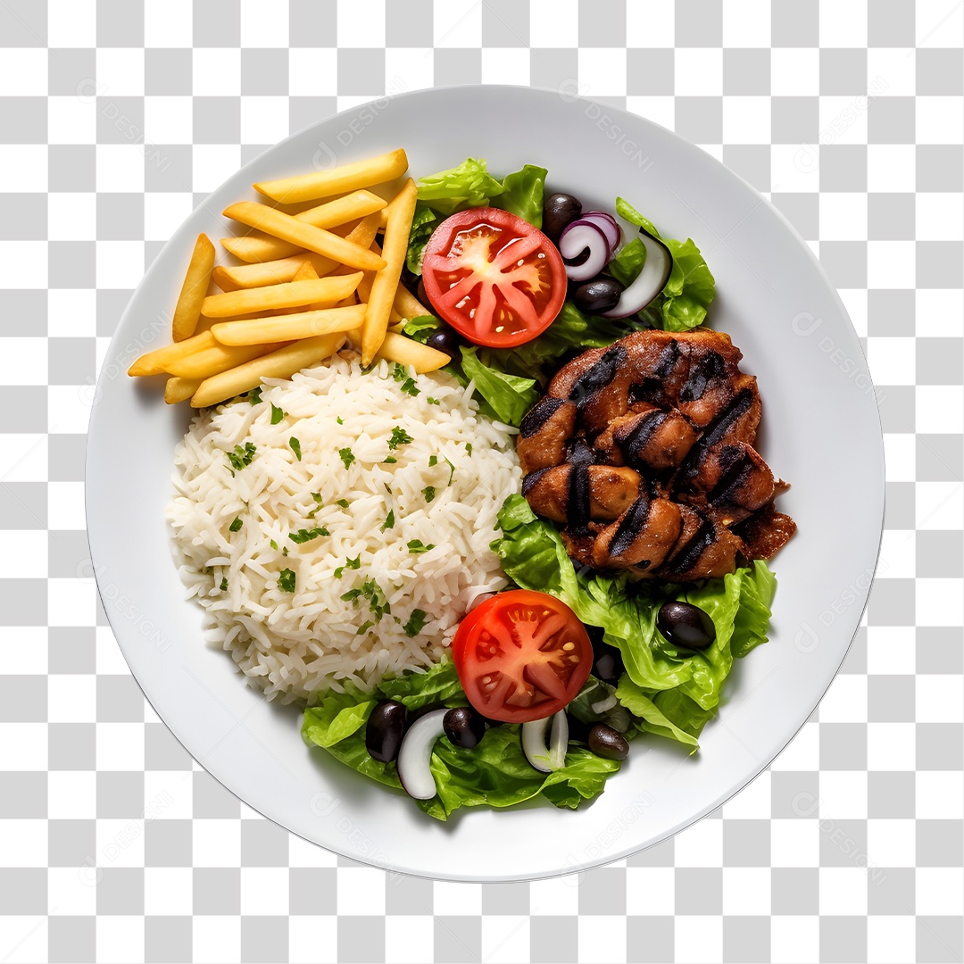 Prato De Comida Arroz Carne Com Batata Frita E Salada PNG Transparente
