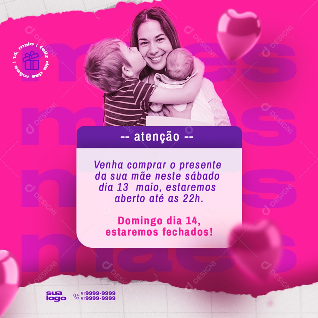 Atenção Venha Comprar Seu Presente Dia das Mães Social Media PSD Editável