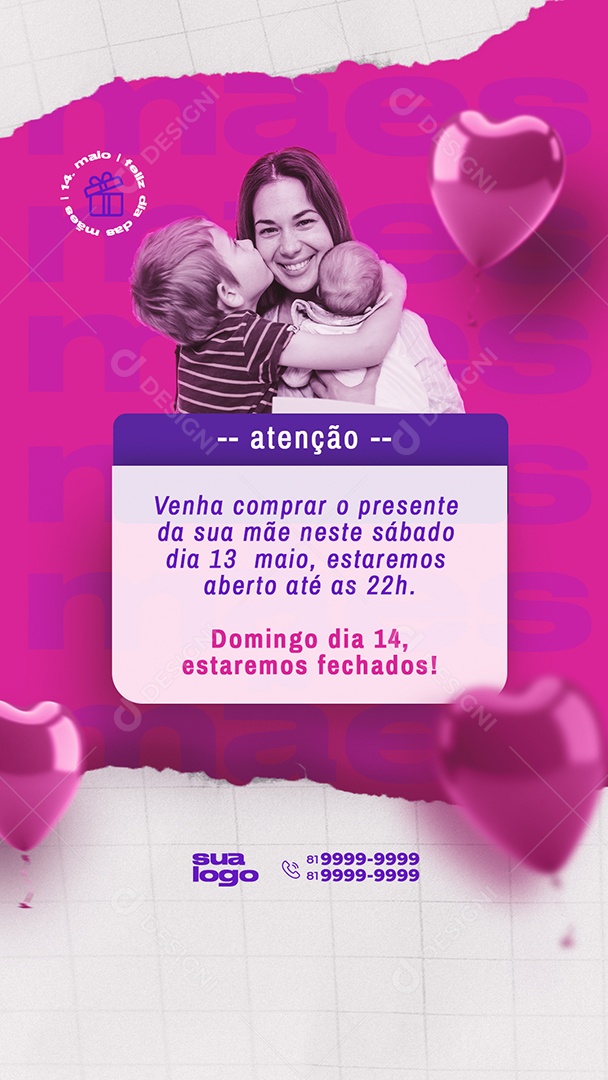 Story Atenção Venha Comprar Seu Presente Dia das Mães Social Media PSD Editável