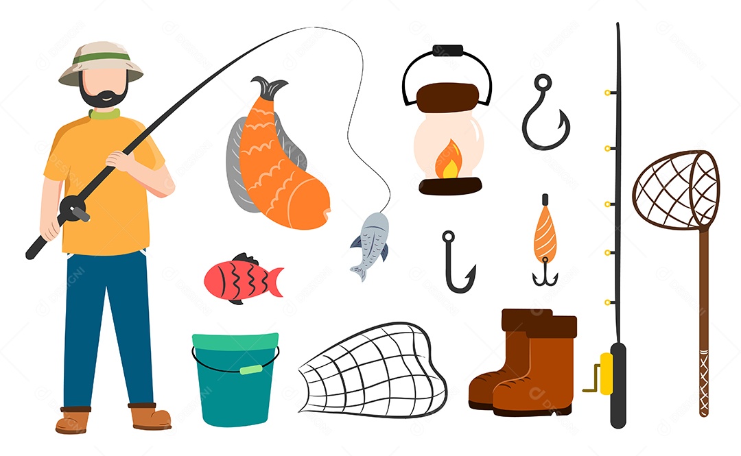 Desenho Vetorial De Personagem Pescador Vetor AI + EPS