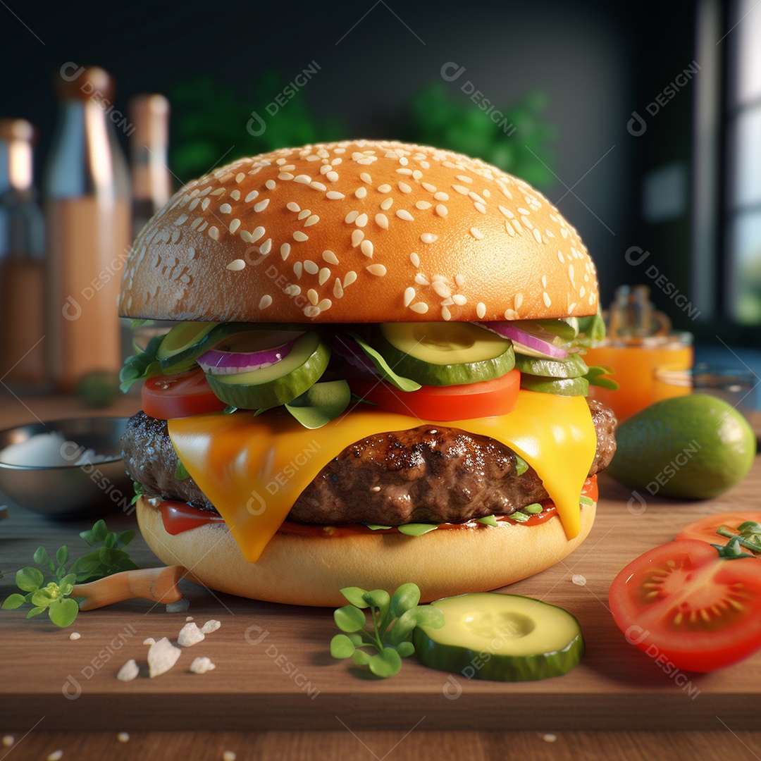 Hamburguer gourmet de cheddar e salada