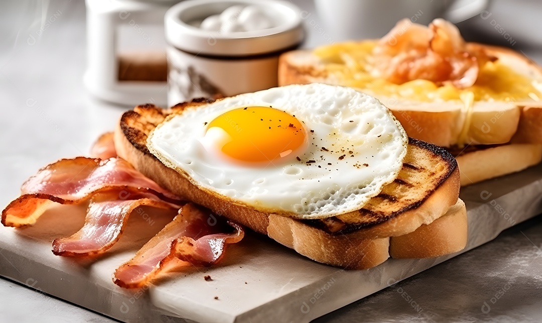 Pão Com Ovo E Bacon Sobre A Mesa