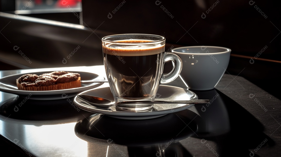 Xícara de capuccino sobre mesa de cafeteira