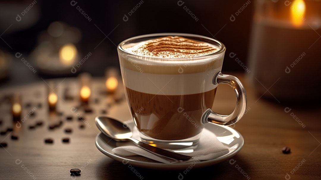 Xícara de capuccino sobre mesa de cafeteira