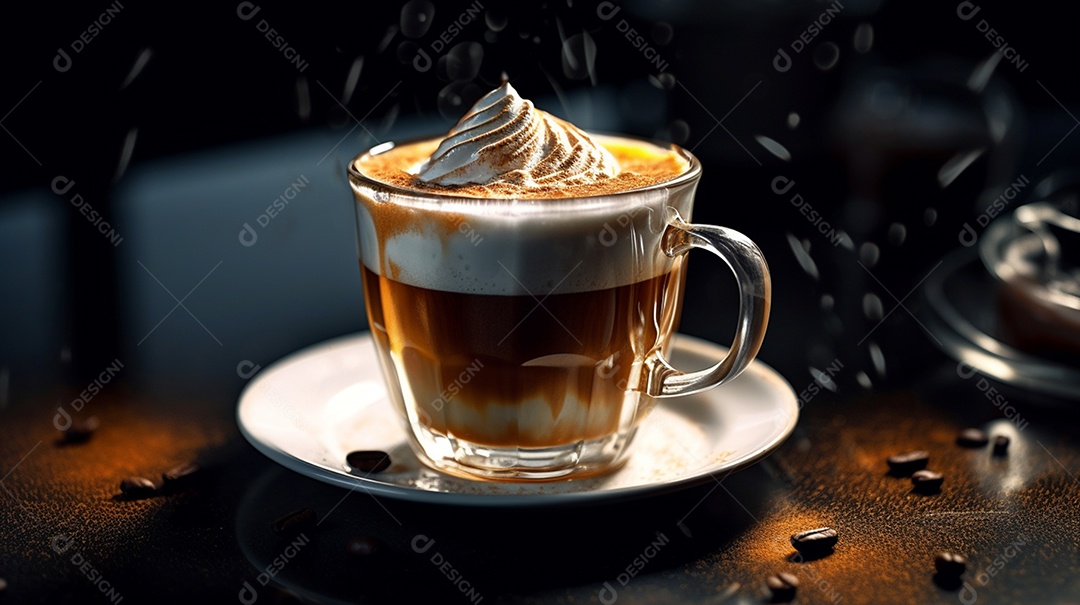 Xícara de capuccino sobre mesa de cafeteira