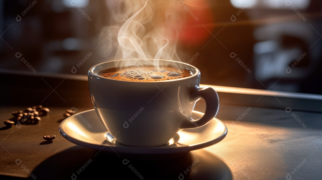 Xícara de café sobre mesa de cafeteira