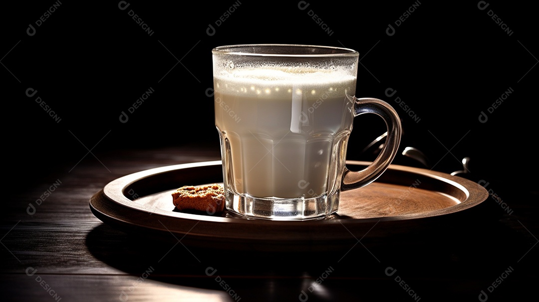 Xícara de leite sobre uma mesa de madeira